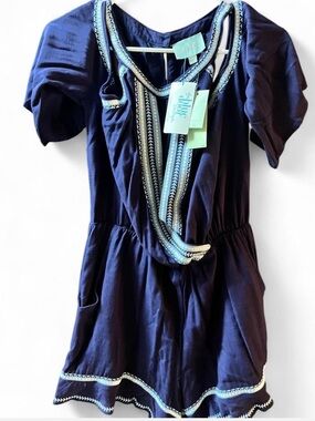 NWT Skies Are Blue Navy Embroidered Cold Shoulder Romper Size Large